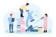 Scientific medical clinical research, analysis in laboratory for pharmacology vector illustration. Cartoon tiny people looking at lab microscope to study sample from pipette, scientists analyze tests