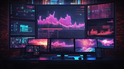 Multiple screens control room. Interfacing with artificial intelligence. Data visualization hi-tech futuristic illustration in purple neon color palette.