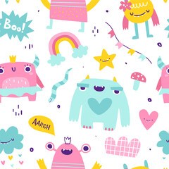 Wall Mural - cute girly pattern with funny monsters. seamless vector print with abstract monster girls for baby t