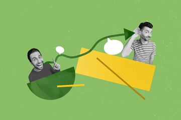 Billboard collage of two friends guys saying chatterbox communication partners talking each other isolated on green color background