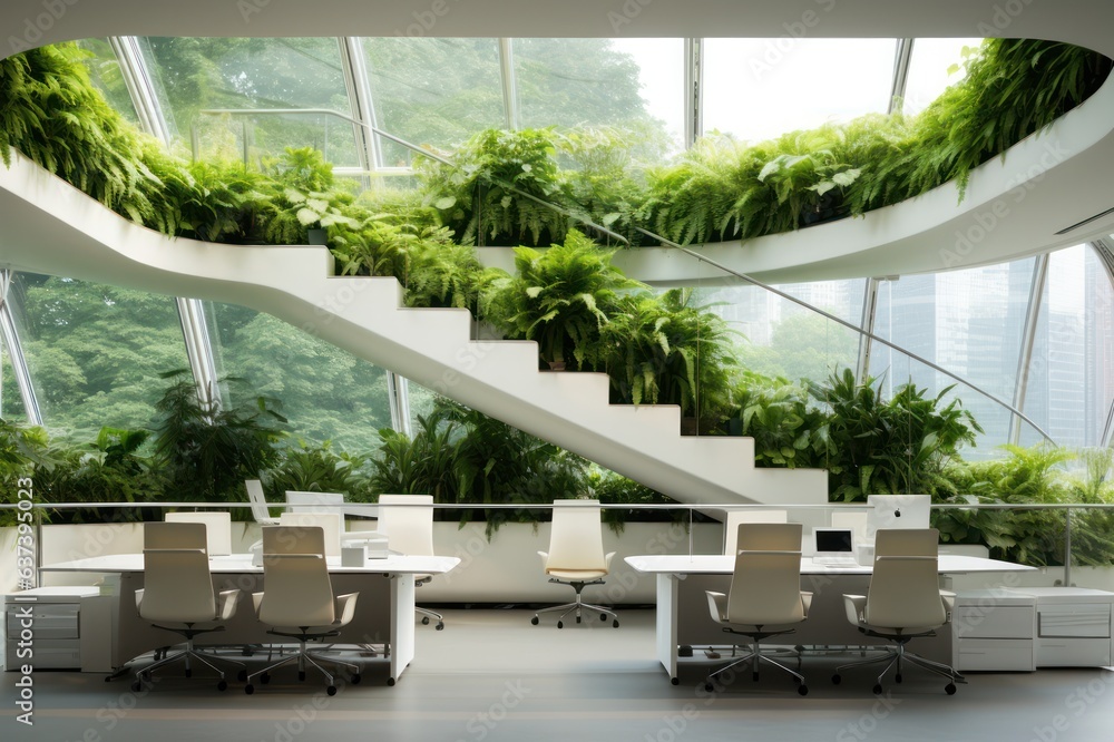 Vertical garden with green plants in white modern office interior ...