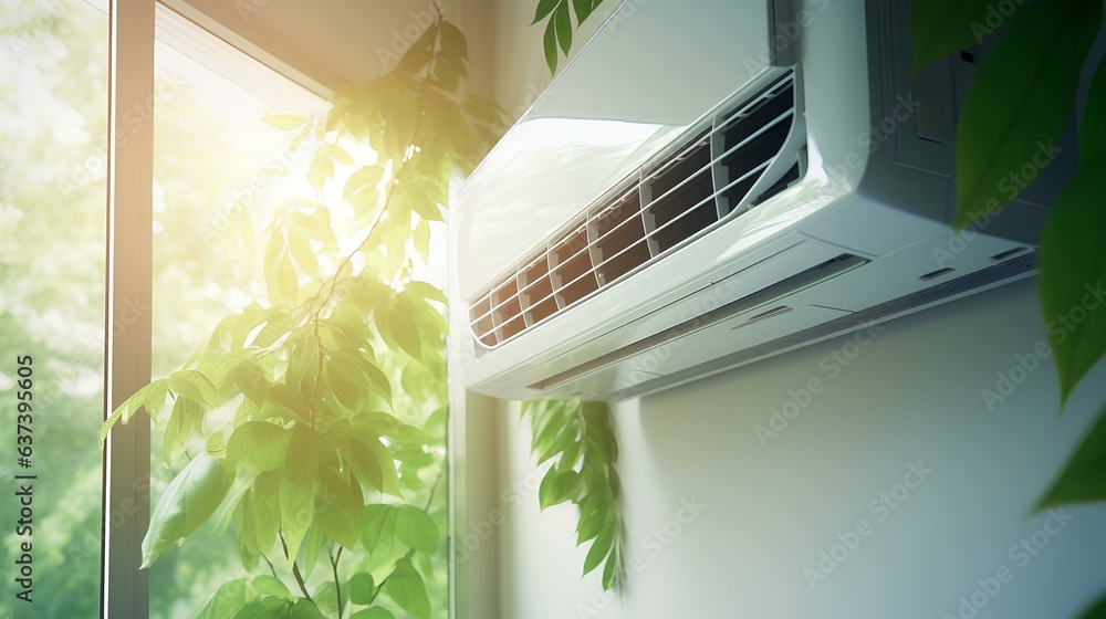 hanging air conditioner on the wall with green leaves, the concept of ...
