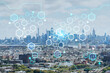 © VideoFlow - Aerial helicopter view of midtown New York City form Jersey City. Financial district and residential neighborhood. Decentralized economy. Blockchain, cryptography and cryptocurrency concept, hologram