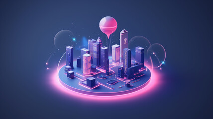 Wall Mural - Isometric illustration of a futuristic smart solar city mobility and building infrastructure public space development