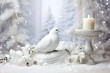 White dove figure placed among winter-themed decor items.