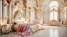 Bedroom Interior Decorated In Fancy Posh Neoclassicism Style With White, Beige, Golden And Pink Tones