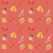Handpainted Watercolor Seamless Pattern With Autumn Leaves And Berries