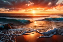 A Painting Of A Sunset Over The Ocean With Waves Crashing On The Shore And Clouds In The Sky Over The Ocean And The Beach Area 3d Rendering