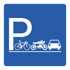 Wall Mural - Printable isolated rectangle square blue and white parking area, with illustration pictogram of car, motor bike, motorcycle, bicycle, vehicle park lot sign