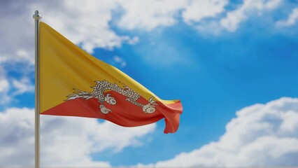 Poster - Bhutan country national flag waving on blue sky background. 3d video footage