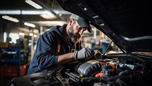 Portrait Of A Bearded Male Mechanic Repairing A Car In A Garage