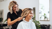 Selective Focus Of Hairdresser Cutting Hair Of Happy Woman In Beauty Salon