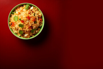 Wall Mural - fried rice on a red background with empty space around it taken from a normal angle