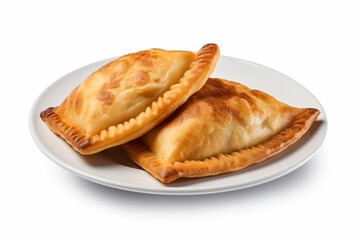 two empanadas on a plate on a white surface