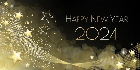 Wall Mural - Happy New Year 2024 - Black and gold waves and diamond dust design