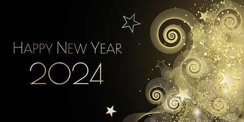 Happy New Year 2024 - Black and gold waves and diamond dust design