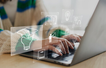 Wall Mural - student use laptop technology internet learning and study online class technology network, e-learnin