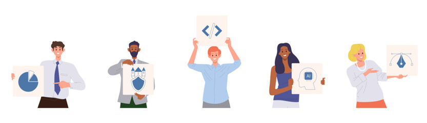 Isolated set of diverse creative people web developers cartoon characters on white background