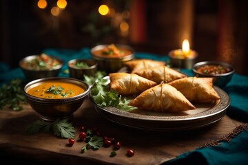 Beautiful promotional photo of Indian food - samosa on a beautiful plate, Indian soup, candles and spices.