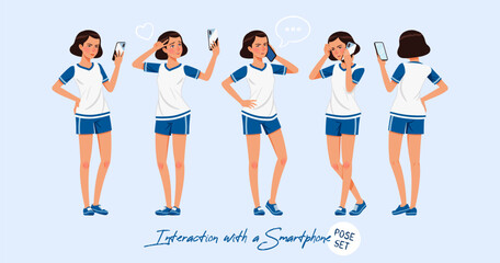 Wall Mural - Sporty teenage girl set interacting with smartphone. Young woman wearing activewear athletic boys outfit. Health, wellness, physical education fitness, female coach. Cartoon character illustration