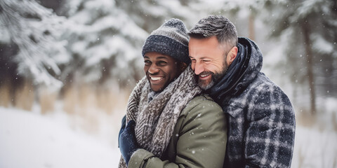 Two men in their 40s portrait, cute gay couple in love hugging each other on a winter day, snow falling, smiling, romantic atmosphere.