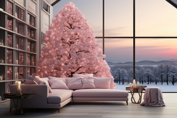 Sticker - Huge pink Christmas tree and pink sofa in living room