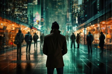 Wall Mural - Hacker or scammer standing among people to wait to steal information on the mobile phone