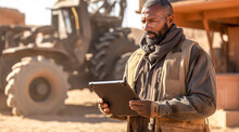Senior Man Engineer In Hardhat Is Using Tablet Computer In Construction Site Background Bulldozer.
Dump Truck Driver Man In Uniform With Tablet Computer Controls Loading Of Cargo Or Coal. Digital Ai