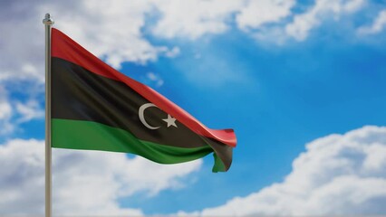 Sticker - Libya country national flag waving on blue sky background. 3d video footage