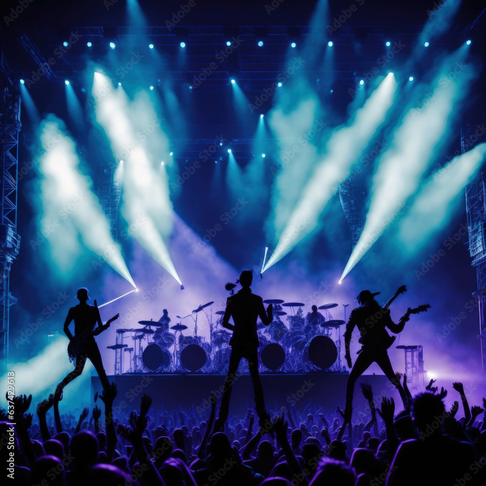 Rock Band Silhouette Music Concert Performance,  Huge Crowded Stadium Arena Hall, Full Of Fans, Cheering Crowd, Neon Color Lights, Generative AI