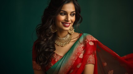 A stunning Indian woman in red saree.