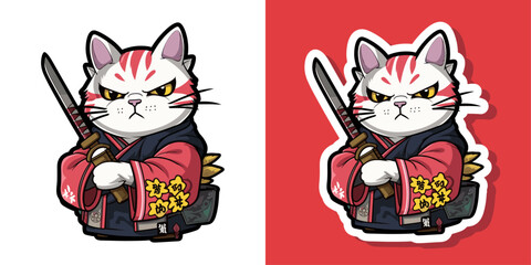 Wall Mural - Cute Cat Samurai With Sword Icon logo Illustration. Animal Sport Icon Concept Isolated Premium Vector. Flat Cartoon Style isolated sticker ninja cat