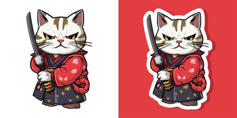 Wall Mural - Cute Cat Samurai With Sword Icon logo Illustration. Animal Sport Icon Concept Isolated Premium Vector. Flat Cartoon Style isolated sticker ninja cat	
