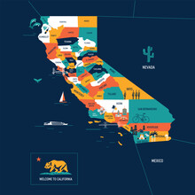 Vector Illustration Of California Map With Landmarks, Destinations And Cities, Road Map. USA Culture Set, Famous Architectures And Specialties. Business, Tourism Concept Clipart, Icon.