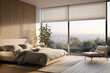 Bedroom with smart blinds that open gradually, simulating a natural sunrise