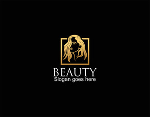 Wall Mural - Beauty woman fashion logo. Golden Abstract vector template linear style on a black background