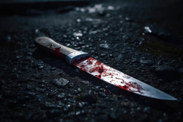 Fototapeta close-up of a bloody knife lying on the ground