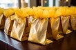 Golden Goodie Bags on Display at Reception Event with Candy, Chocolate, and Cosmetics. Generative AI
