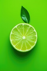 Wall Mural - Sliced limes on green background, close up view.