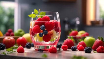 Wall Mural - Drink with strawberries, raspberries