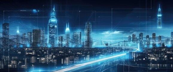 digital town at night with lights on streets and skyline Generative AI