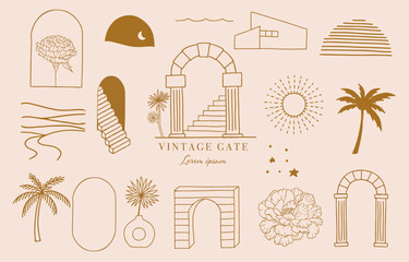 Sticker - Collection of line design with sun,window,building.Editable vector illustration for social media,icon