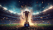 © Bogdan - Win concept. Champion Award gold cup, Golden winner's cup in the middle of a soccer stadium with audience. Generative AI