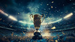 © Bogdan - Win concept. Champion Award gold cup, Golden winner's cup in the middle of a soccer stadium with audience. generated AI