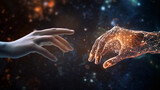AI, Machine learning, Hands of robot and human touching on big data network connection background, Science and artificial intelligence technology, innovation and futuristic