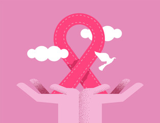 Wall Mural - Breast cancer awareness hands and pink ribbon flat card design