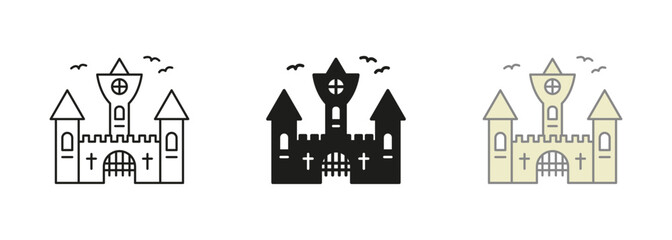 Wall Mural - Gothic Spooky Castle Pictogram Black and Color Set. Vampire Dracula Scary Castle Line and Silhouette Icons. Dark Old Castle for Halloween Celebration Symbols. Isolated Vector Illustration