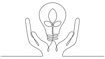 Poster - Lightbulb with leaf in hands continuous line drawing. Arms holding sprout with leaves inside lamp. Linear eco symbol. Vector illustration isolated on white.