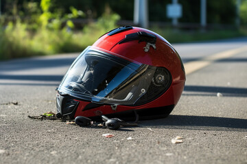 Wall Mural - Generative AI photography of traffic accident broken motorbike helmet after crash lying on the street road
