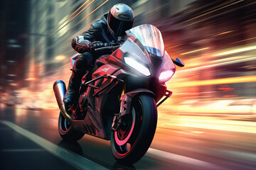 Wall Mural - Picture of racing motorcycle with dynamic speed light trails in urban environment made with generative AI